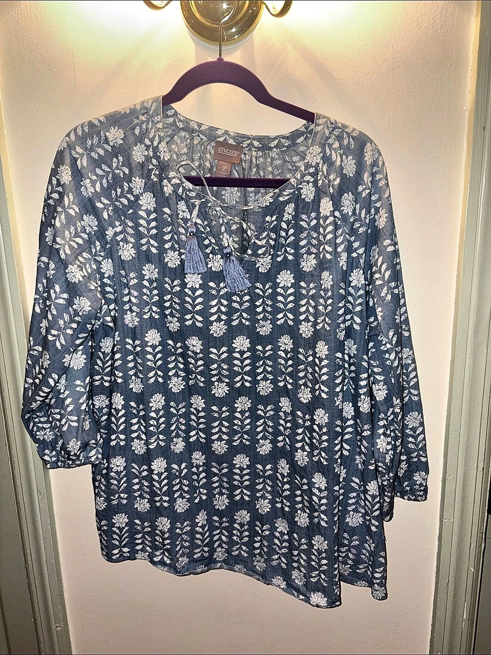 Chico's Floral Cotton Tunic Blue & White Size 2 Like New